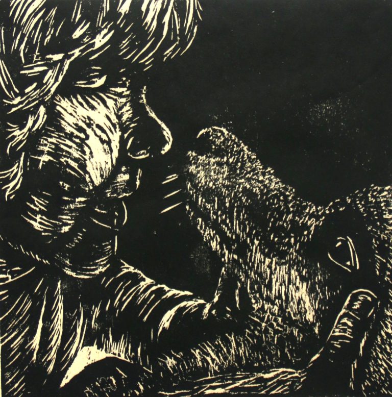 Wilde Kerle, ganz zahm (2024), Holzschnitt, 14,5 x 14,5 cm