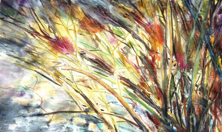 Härte schwand III (2025), Aquarell, Tusche, Buntstift, 30 x 50 cm