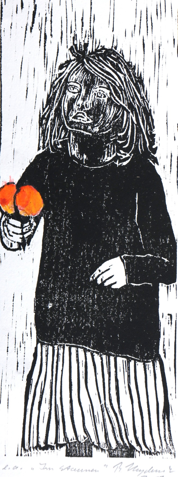 im Staunen (2017), colorierter Holzschnitt, 24,5 x 10 cm