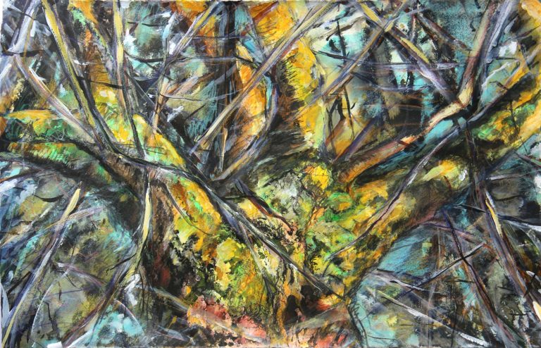 Härte schwand I (2025), Aquarell, Tusche, Buntstift, 30 x 50 cm