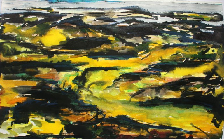 Island I (2024), Aquarell, Tusche, Buntstift, 30 x 50 cm