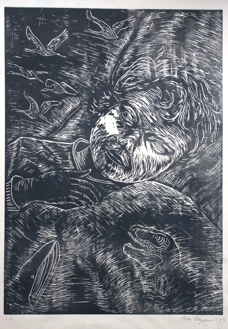Pause (2023), Holzschnitt, 40 x 30 cm