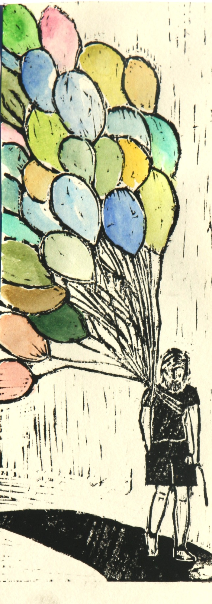 Gepäck, coloriert (2018), Holzschnitt, 24,5 x 9,5 cm