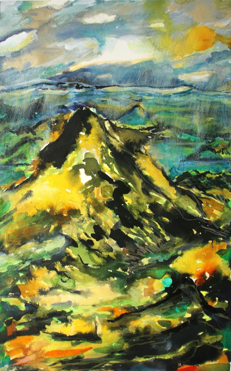 Island II (2024), Aquarell, Tusche, Buntstift, 50 x 30 cm