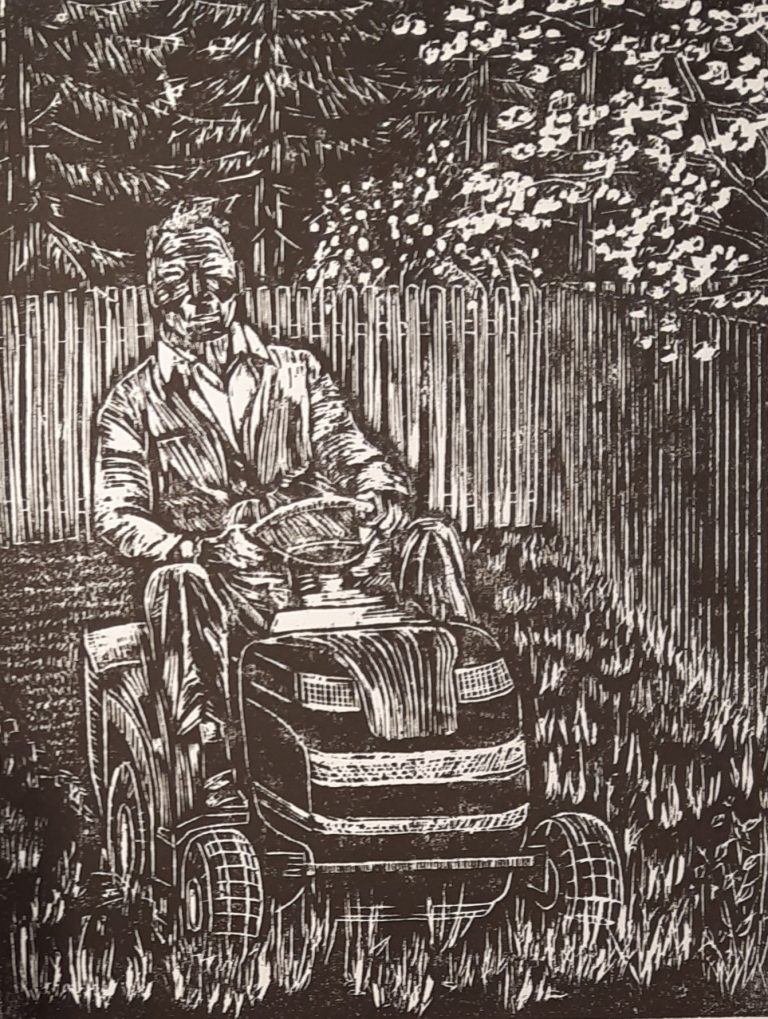 Heiter bleiben, irgendwie (2020), Holzschnitt, 24 x 19 cm