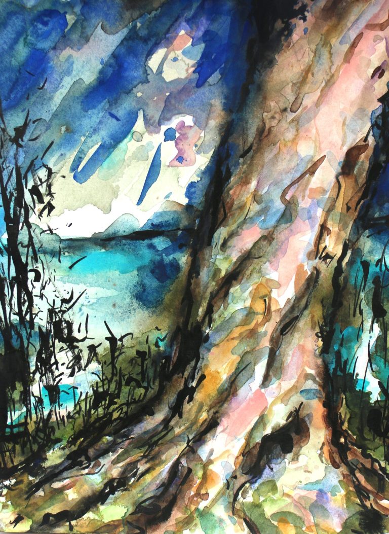 Piratenschlucht (2023/26), Aquarell und Tusche, 32 x 24 cm