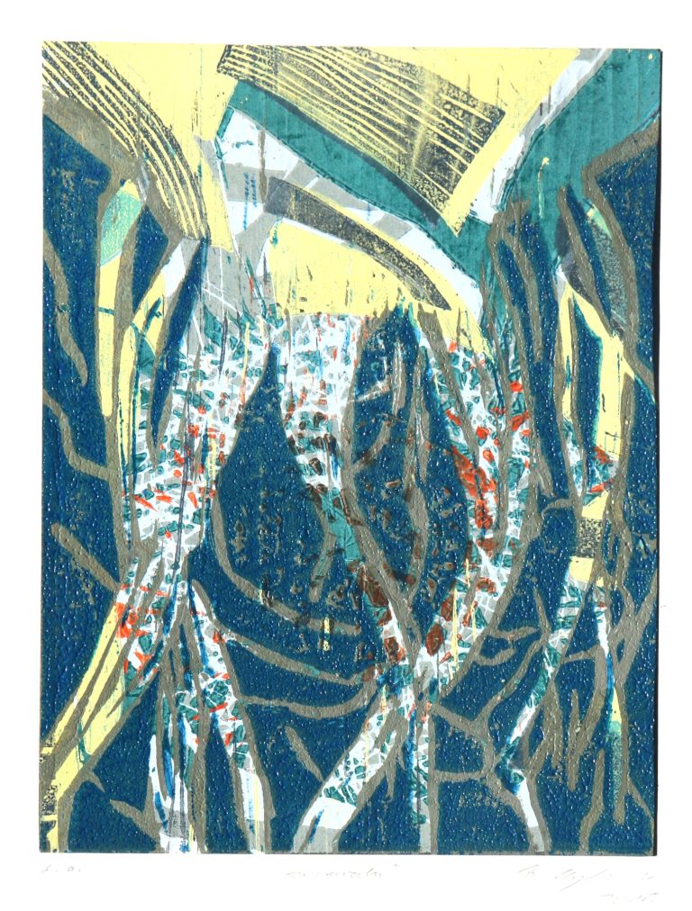 verwurzeln, unikale Version (2024), Farbholzschnitt, 24 x 19 cm