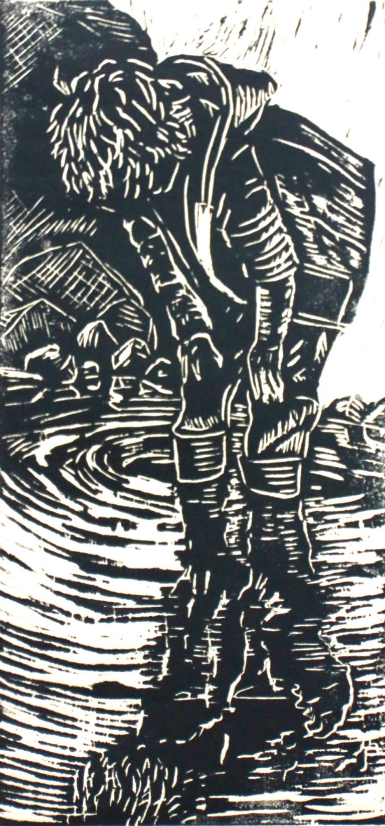 Schatzsuche (2023), Holzschnitt, 20 x 9,5 cm